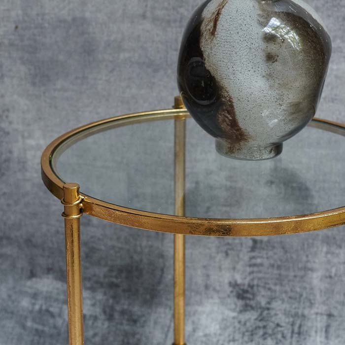 Carson side table round glass gold frame luxury modern living room furniture styled vase accent