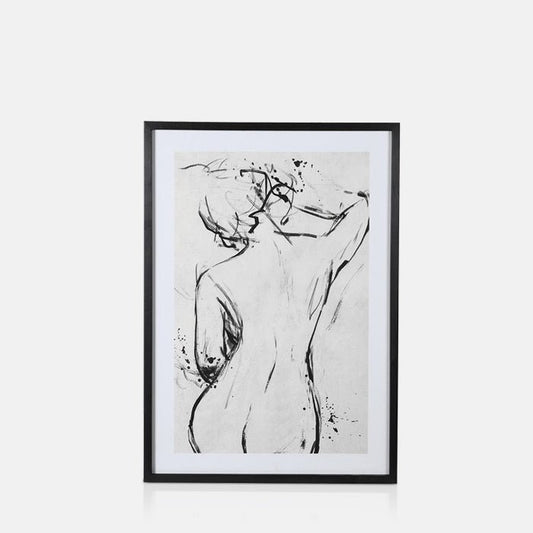 Black line drawing of a nude female figure on a white background in a black frame