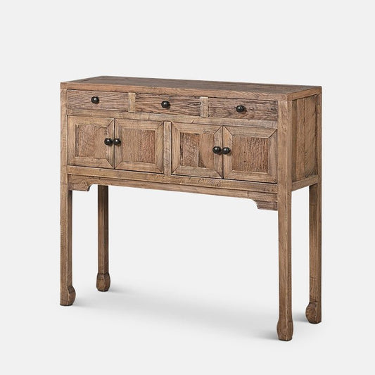 Dark wooden console with drawers on tall legs