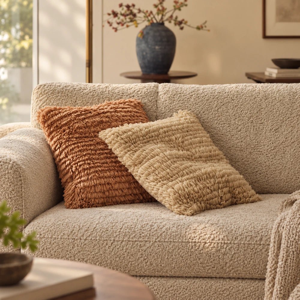 Connie Textured Cushion, Natural styled on a sofa, showing its soft neutral surface and tactile texture within a relaxed layered living room setting.