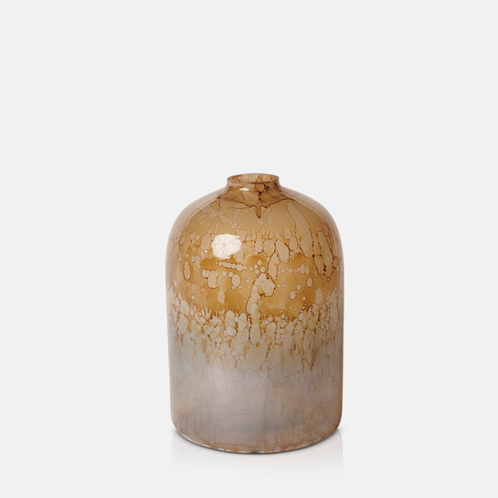 Large round glass vase with two tones, grey and amber, and a small neck