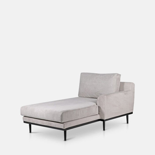 Long grey chaise longue with one arm and a black metal frame