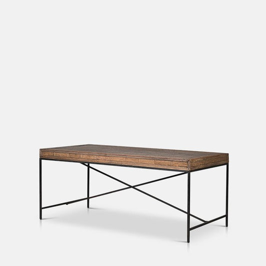 Chunky wooden rectangular dining table with a thin black iron frame