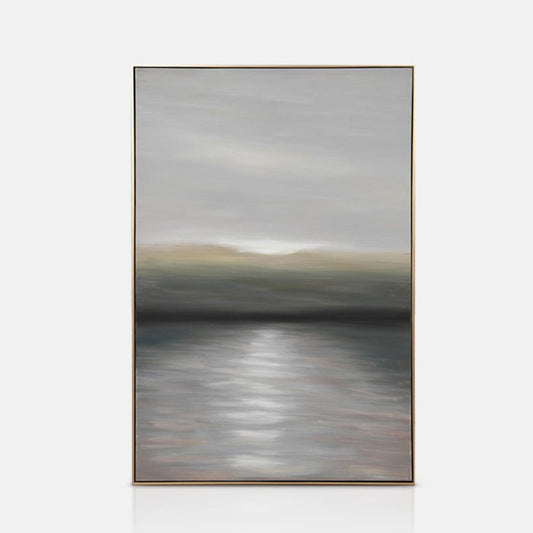 Golden framed abstract sunset painting over a sea on on canvas