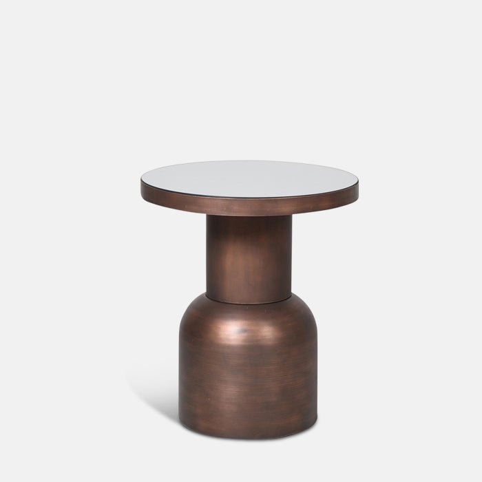 Debden side table cutout round mirrored top bronze sculptural base modern luxury living room