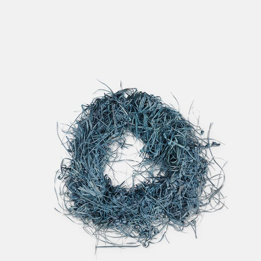 Festive wreath made from cornflower blue straw material.