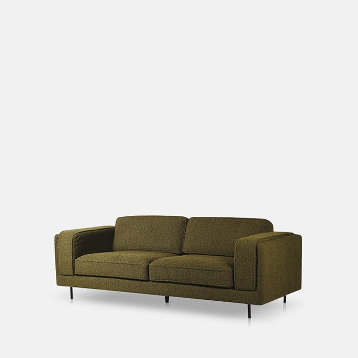 Eartha sofa cutout olive green boucle two seater black metal legs modern living room furniture