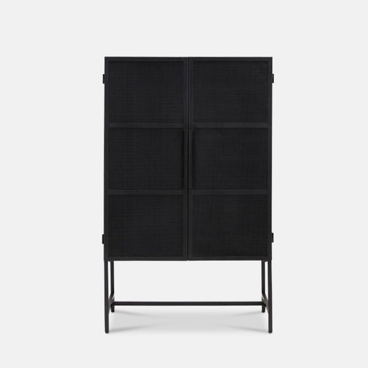 Large black metal cabinet on four legs, with cut-out detailing on doors.