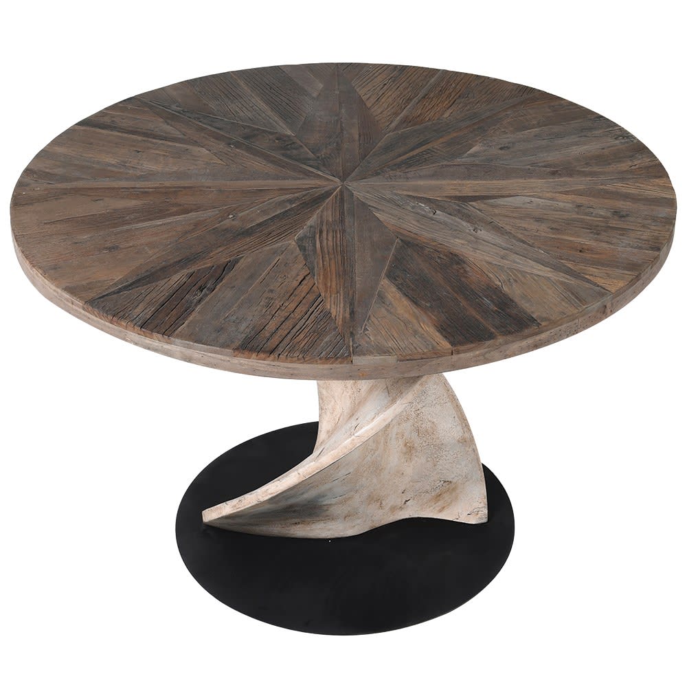 Abigail Ahern Spelthorne Twisted Wooden Dining Table with a round recycled elm tabletop, warm wood finish and sculptural twisted pedestal base.
