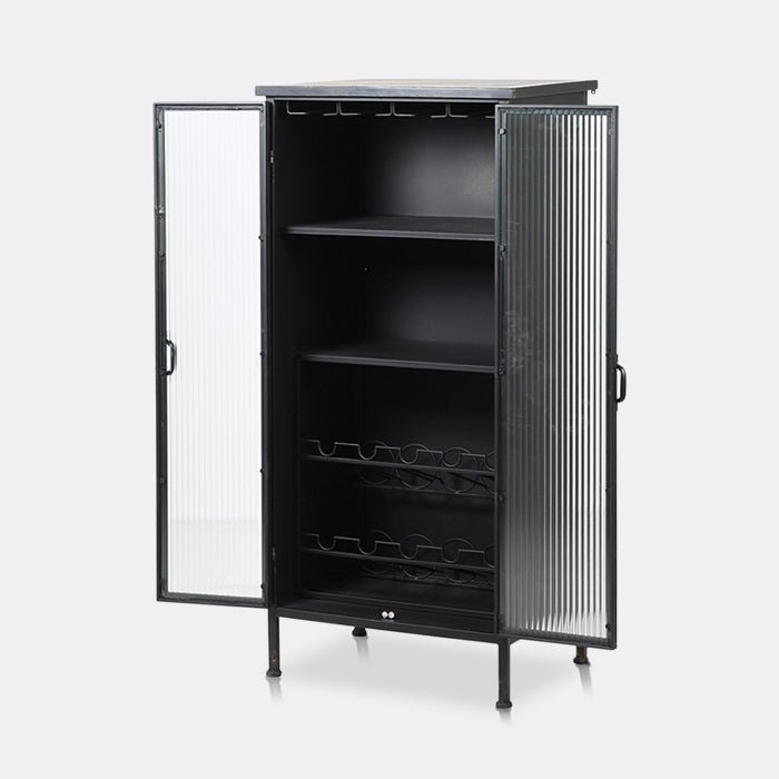 Metal cabinet, with ribbed clear glass doors open to display two shelves and two wine racks.