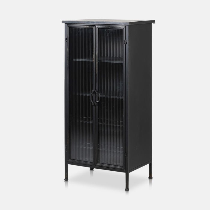 Tall black metal industrial style cabinet with ribbed clear glass doors.