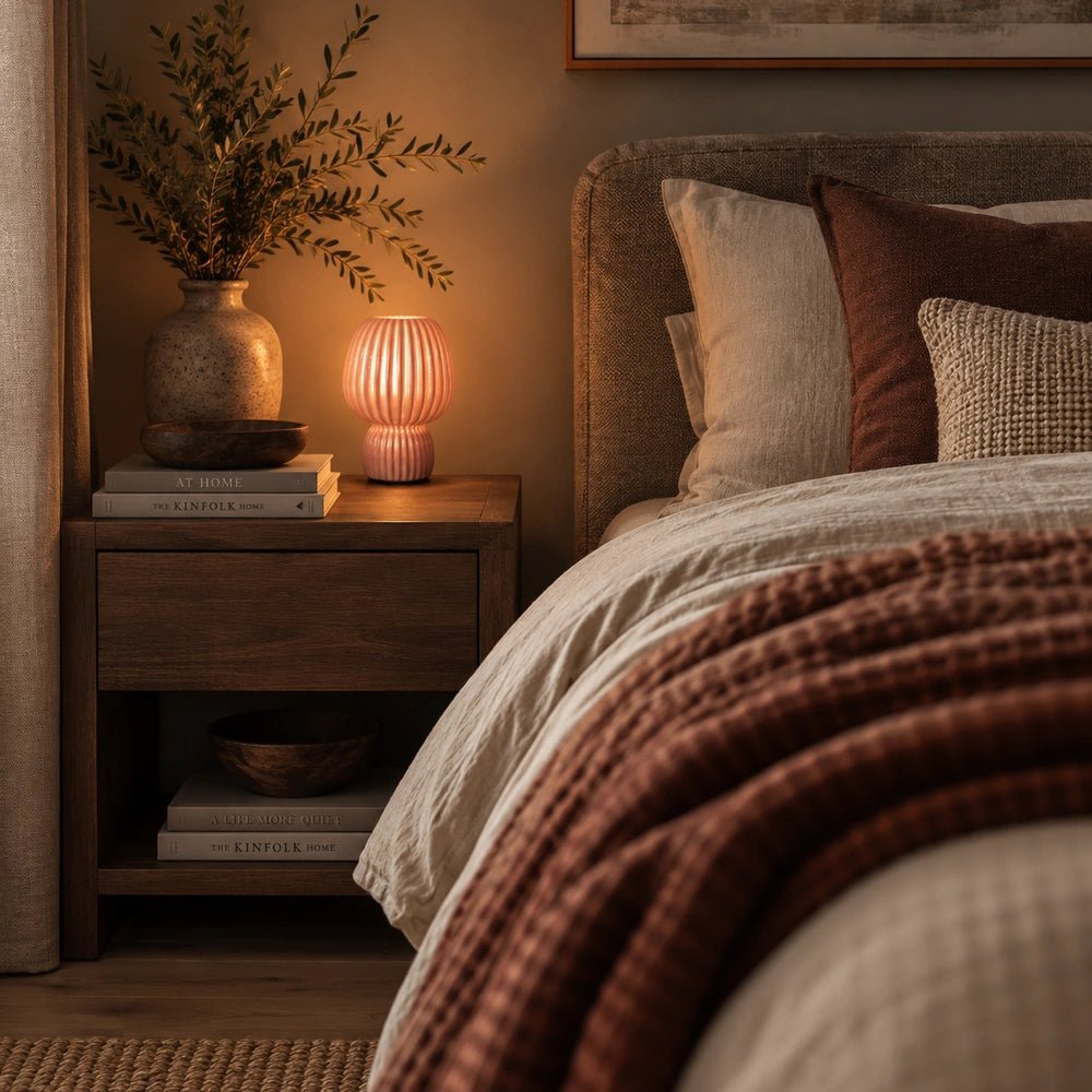 Finley Portable Table Lamp in pink with rounded shade and compact base, styled on a side table beside books and decorative objects in a warm room.