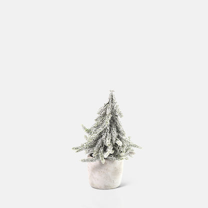 A mini decorative Christmas tree in a stone-look pot in size medium.