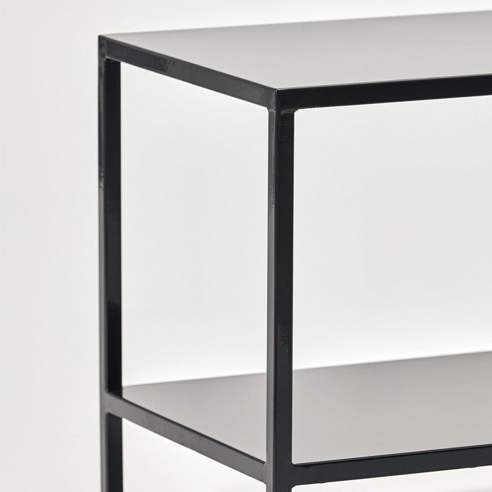 Fulham side table corner detail metal frame modern industrial storage furniture closeup black