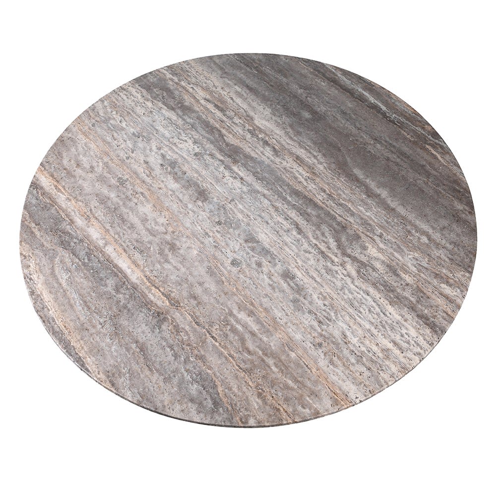 Close-up of the Abigail Ahern Marlen Travertine Dining Table showcasing the unique smoky stone surface, natural tonal variation and richly textured travertine finish.
