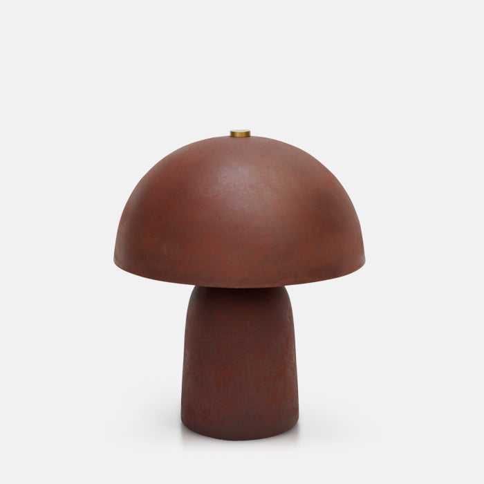 Large table lamp with dome shade and softly curved base, finished in rust red iron.