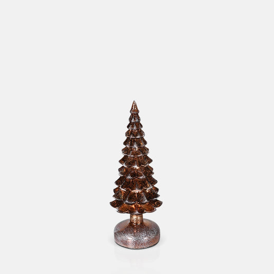 A glass LED Christmas tree decoration in medium size with an antique finish.