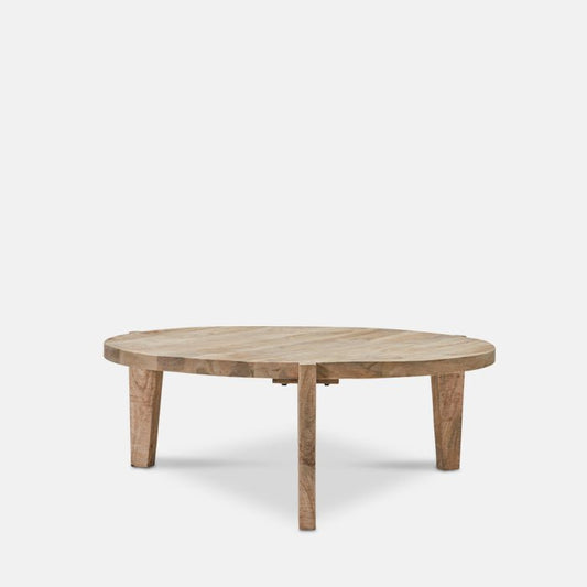 Round wooden coffee table in light brown natural finish, with three legs.