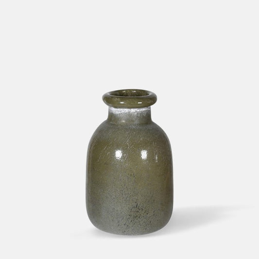 Tall green coloured glass bottle vase with white details