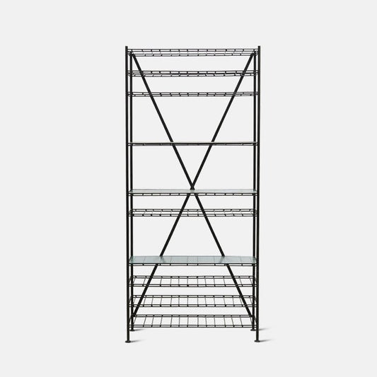Black metal wire shelving unit with ten shelves and glass tops