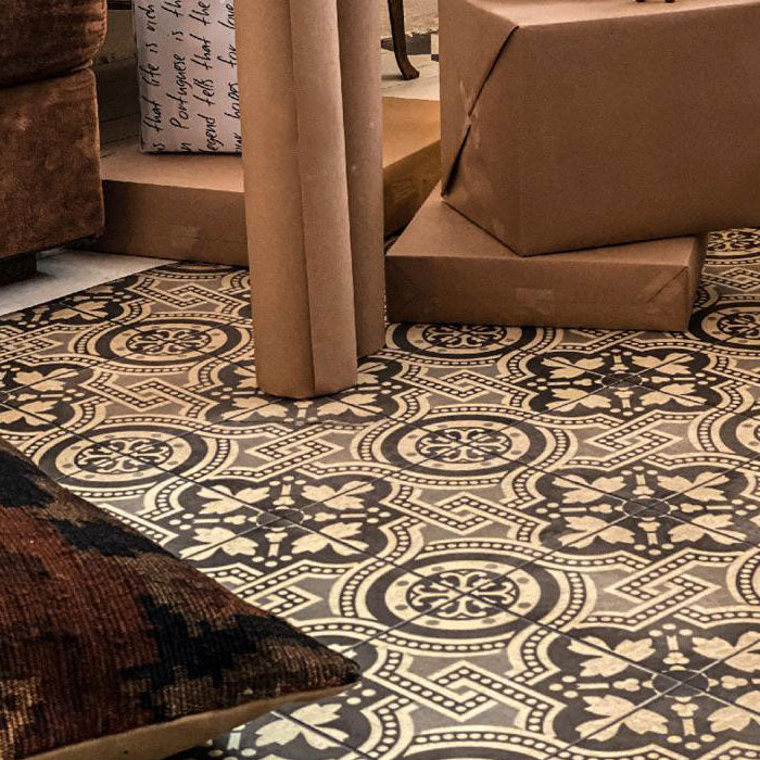 Tiled patterned vinyl floor rug with presents sat on top