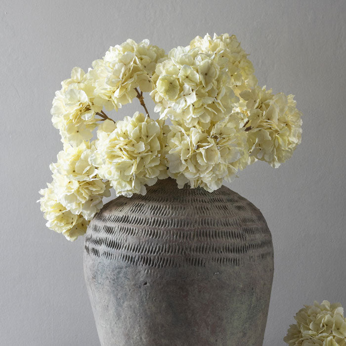 Image of a bouquet of lifelike, faux hydrangeas in a delicate ivory colour. Style with an Abigail Ahern vase to add some texture to your interiors.