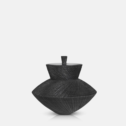 Hourglass shaped black jar with a round lid