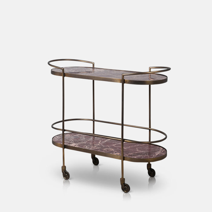 A drinks trolley with a metal frame and marble shelves.