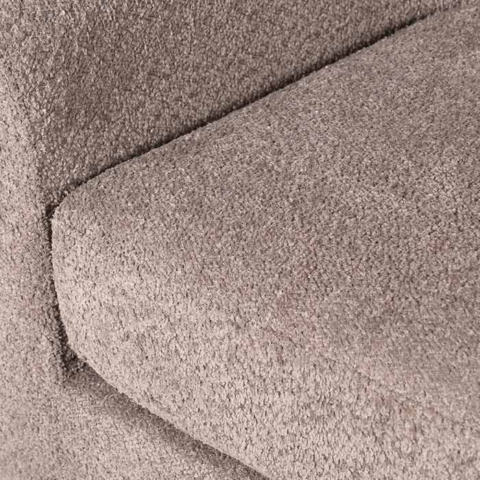 Close-up of the Abigail Ahern Ingram Grey  Boucle Armchair highlighting the soft, taupe plush boucle upholstery and subtle textured finish in a sophisticated grey hue.