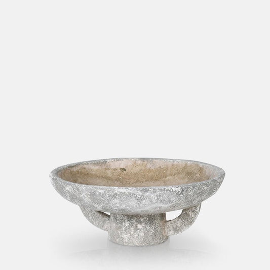 Round grey bowl with a textured surface and raised pedestal base