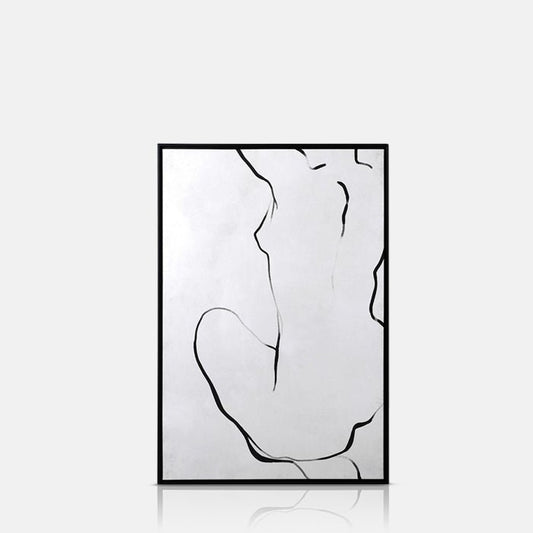 Black line drawing of the back of a nude figure placed in a thin black frame