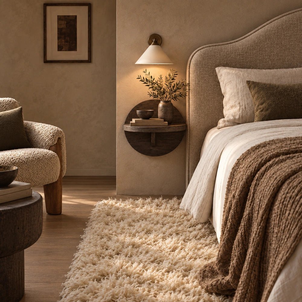 Juliette Shaggy Rug styled beside a neutral upholstered bed, with its deep cream textured pile adding softness to a warmly lit bedroom setting.