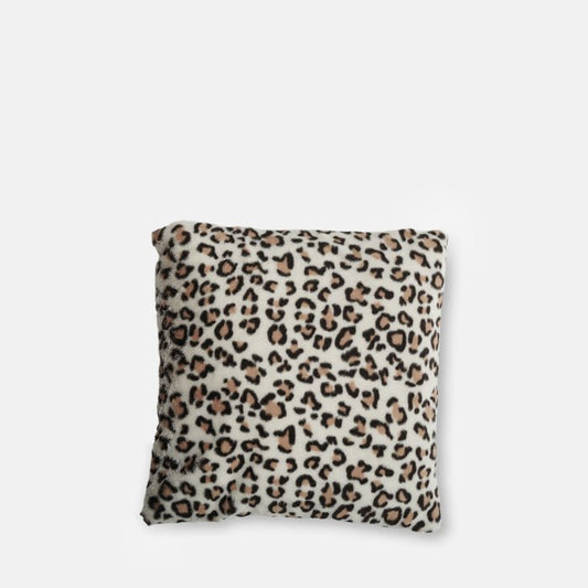 Square cushion with white leopard print faux fur cover.