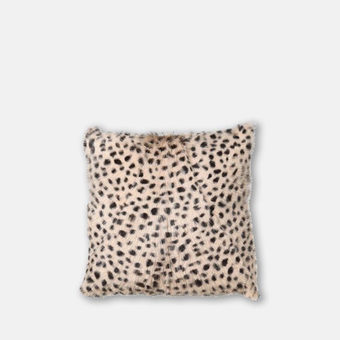 A cutout of the Kampala Leopard Print Cushion, a small square cushion with a leopard print design on a goat fur front.