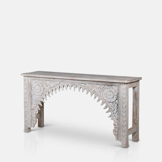Elaborately carved wooden console table in a slim design