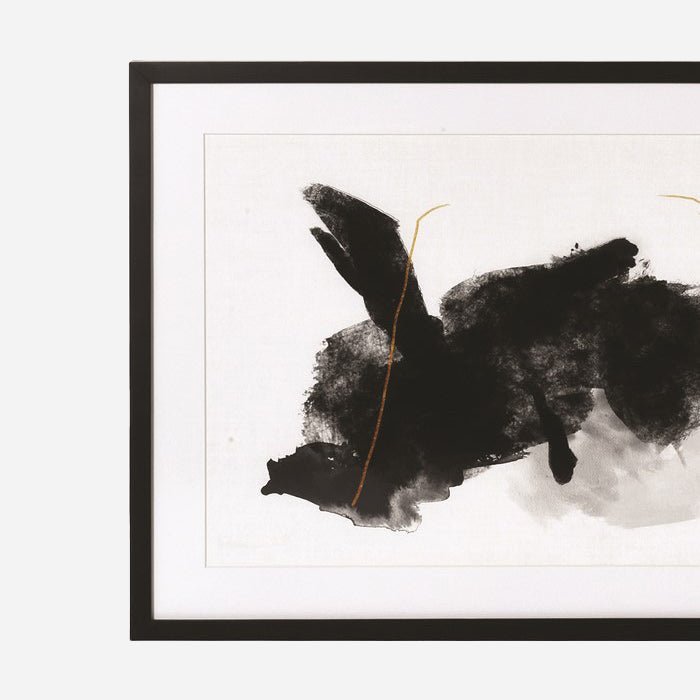 A closeup of the Kotoro Abstract Print, an abstract monochrome watercolour style print in a slim black frame.