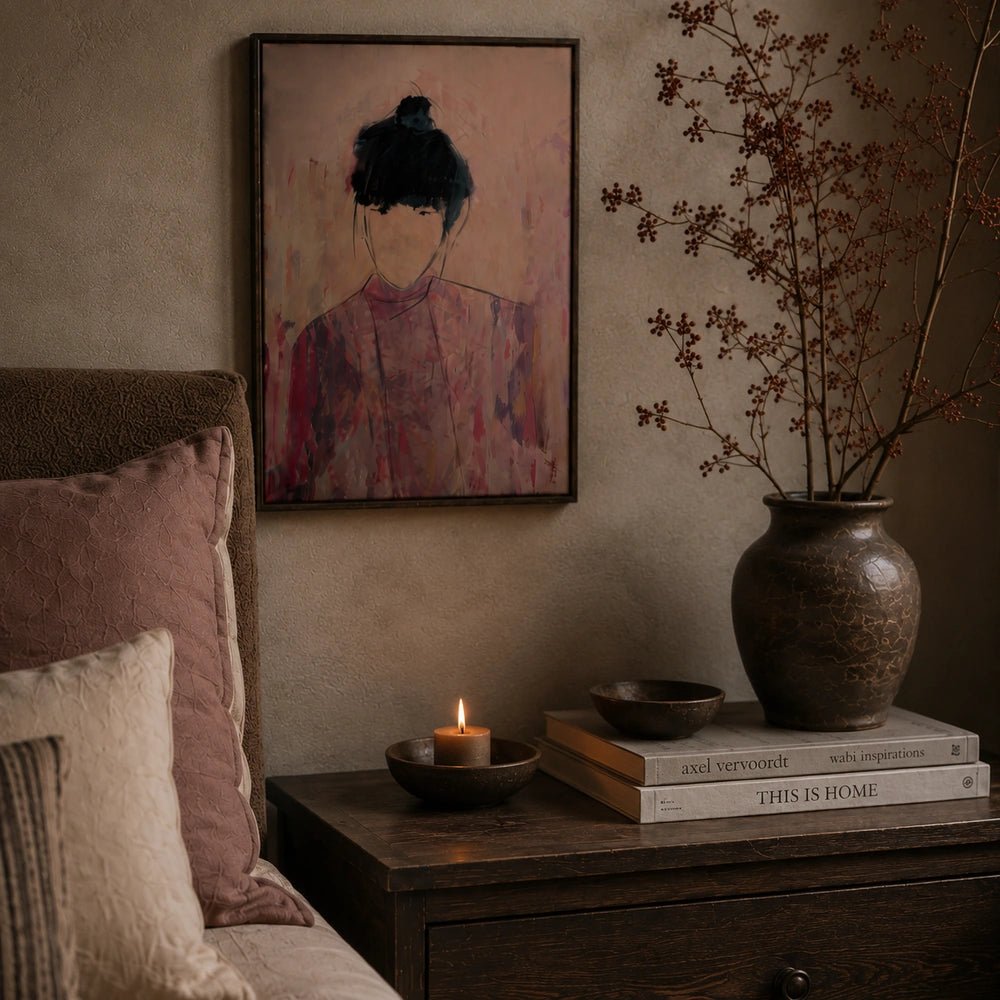 Layla portrait artwork displayed above a dark bedside table in a moody neutral bedroom, styled with a dark vase, branches, books and candle.