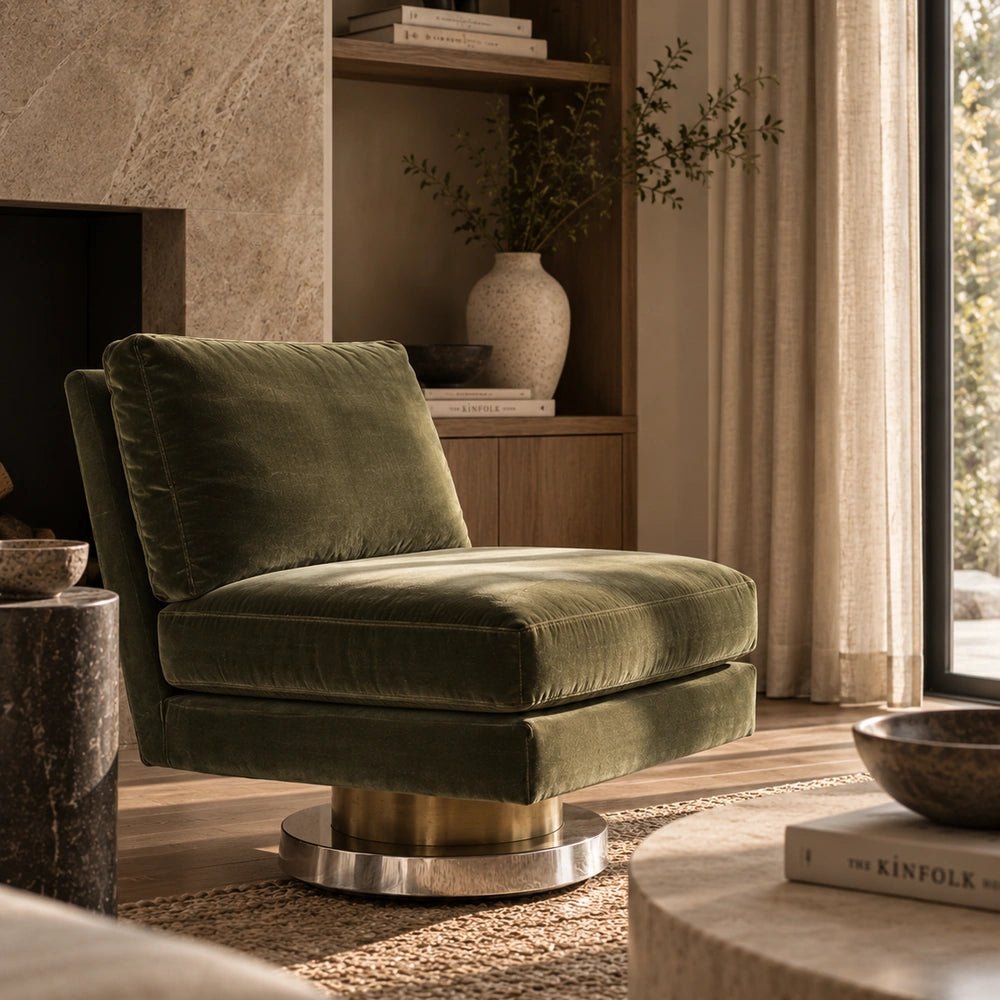Lilian Velvet Swivel Chair in olive green velvet, styled beside a window in a warm neutral living room with shelving, ceramics and textured rug.