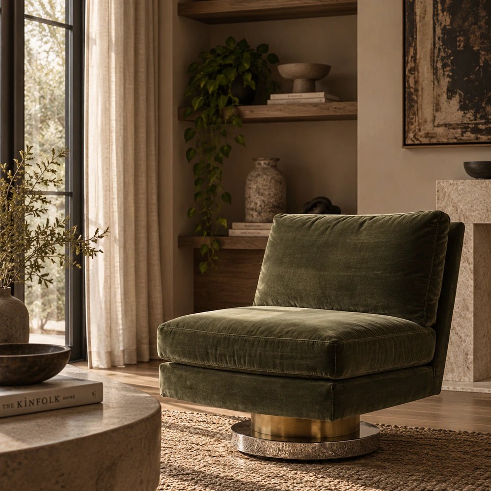Lilian Velvet Swivel Chair in olive green velvet, styled in a warm living room beside shelving, plants, stone fireplace and a round coffee table.