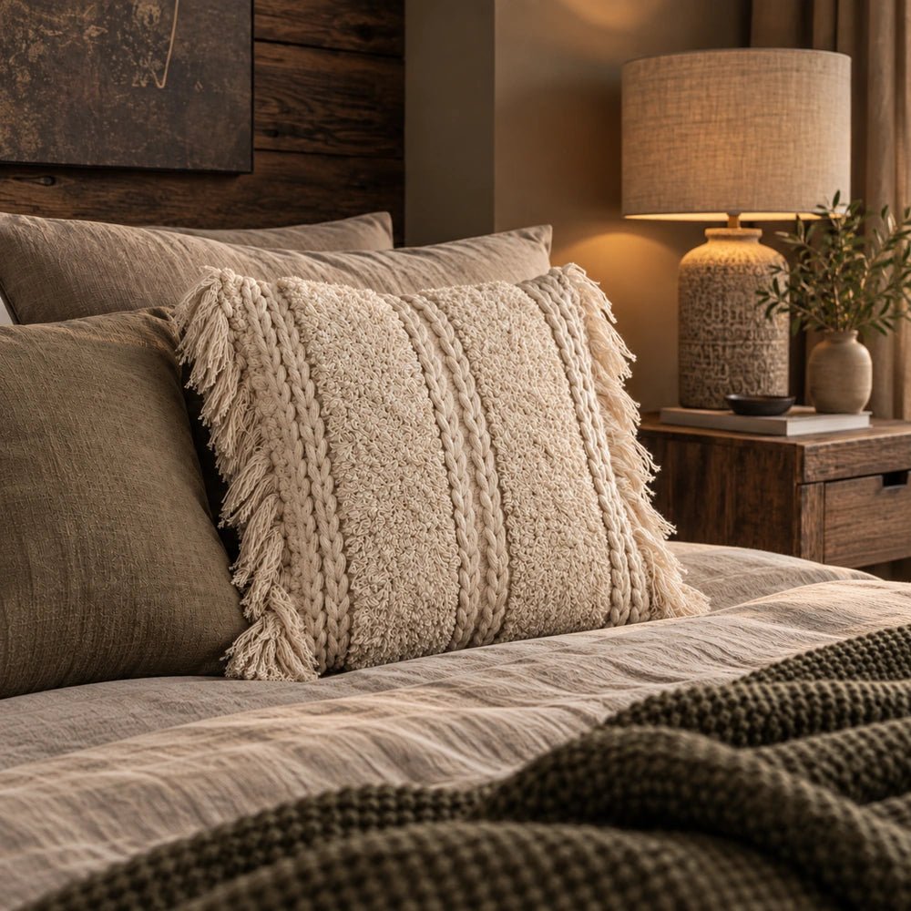 Lisbon Tufted Cushion styled on a taupe sofa in a warm bedroom, showing its cream braided texture, raised pattern and fringed edges.