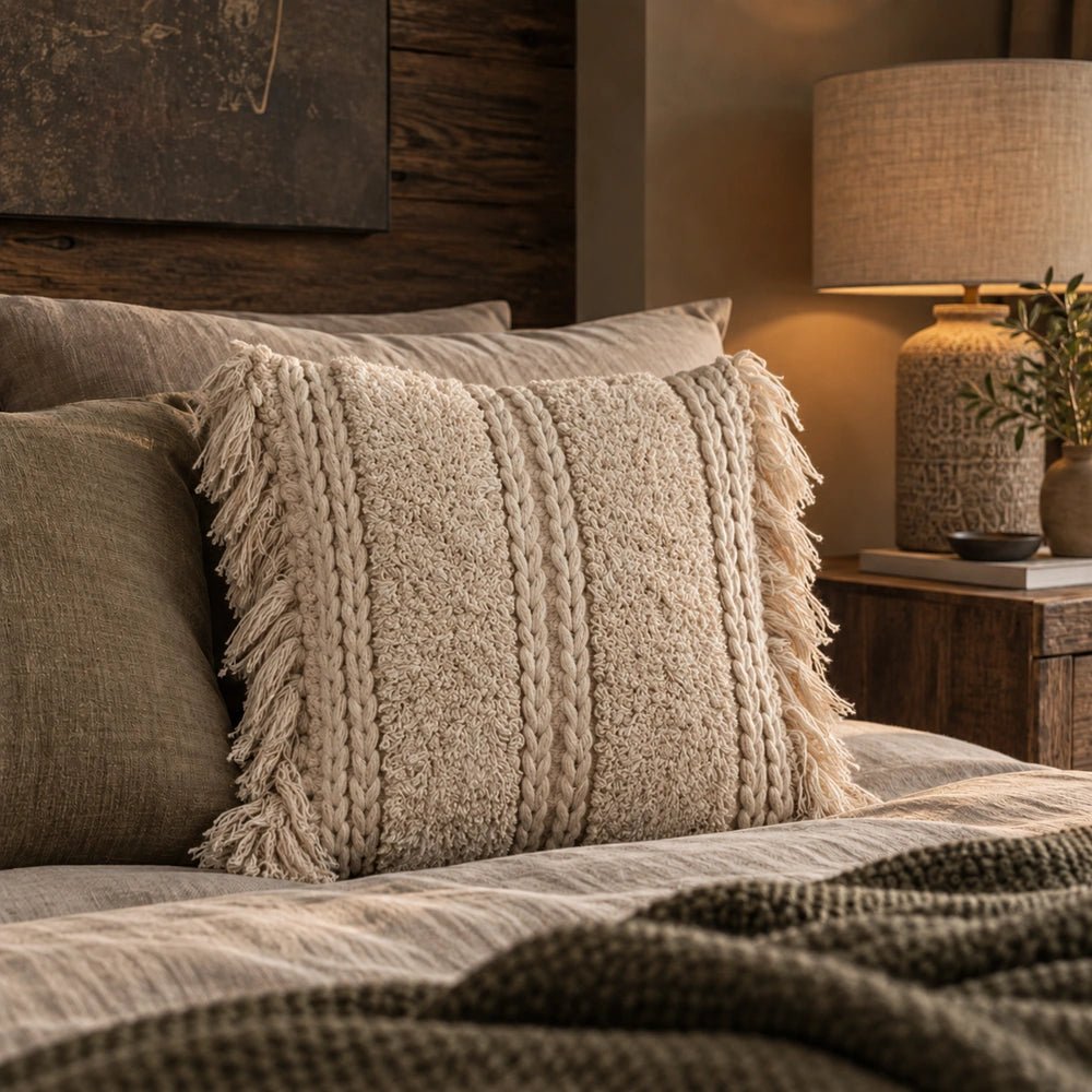 Lisbon Tufted Cushion shown close up on a neutral sofa, highlighting its cream woven texture, raised braided pattern and soft fringed edges.