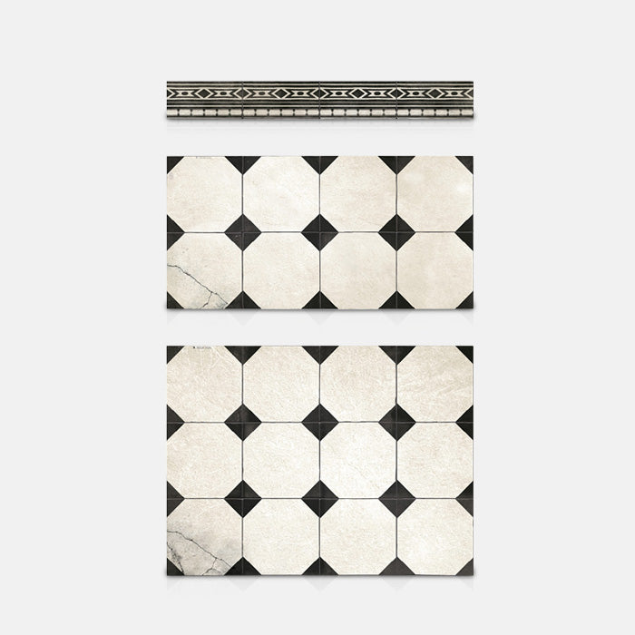 White and black tiled vinyl backsplash sticker in three different sizes, a border, medium and large
