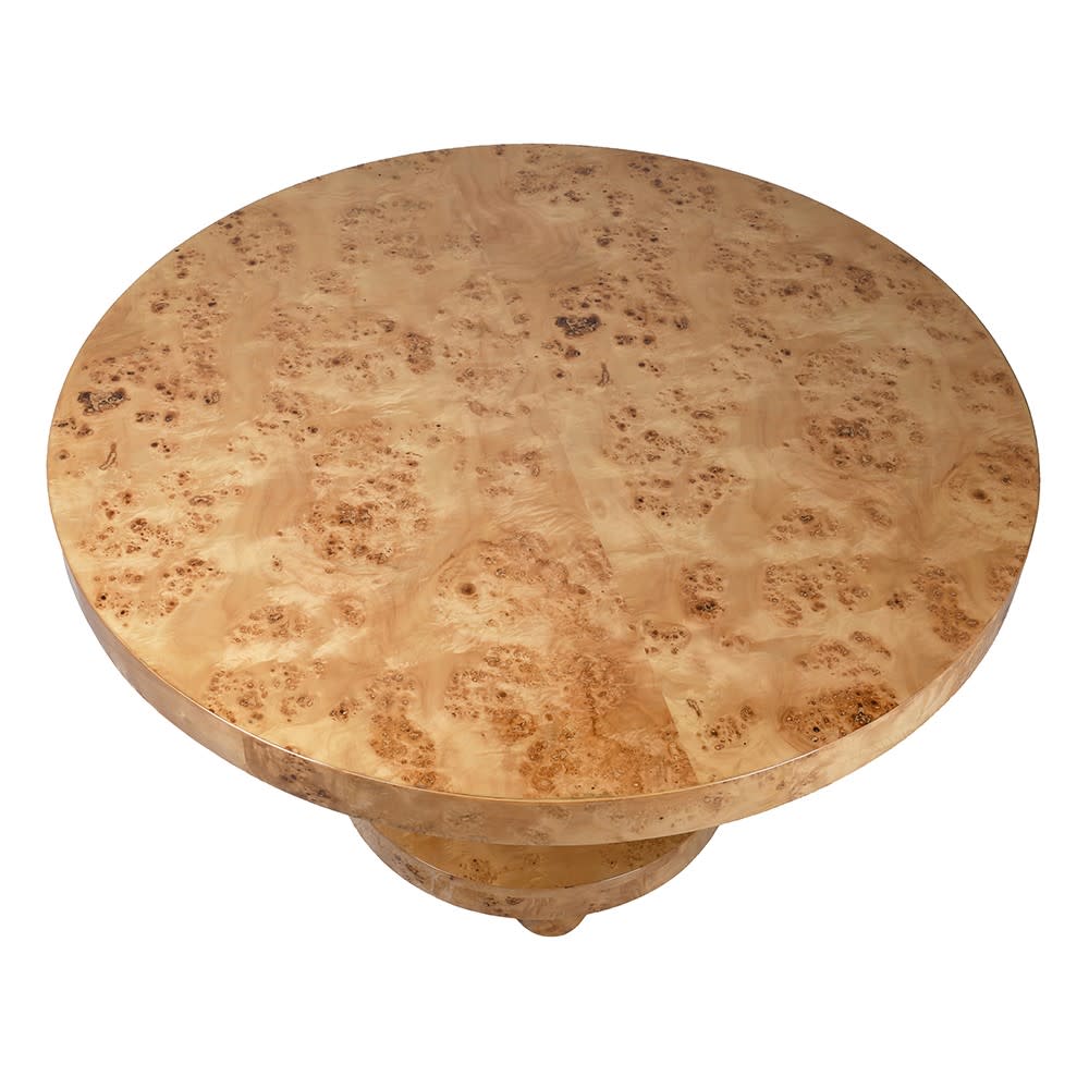 Abigail Ahern Isolde Burl Wood Dining Table featuring a round 130cm tabletop, warm natural brown finish and unique swirling burl wood grain.