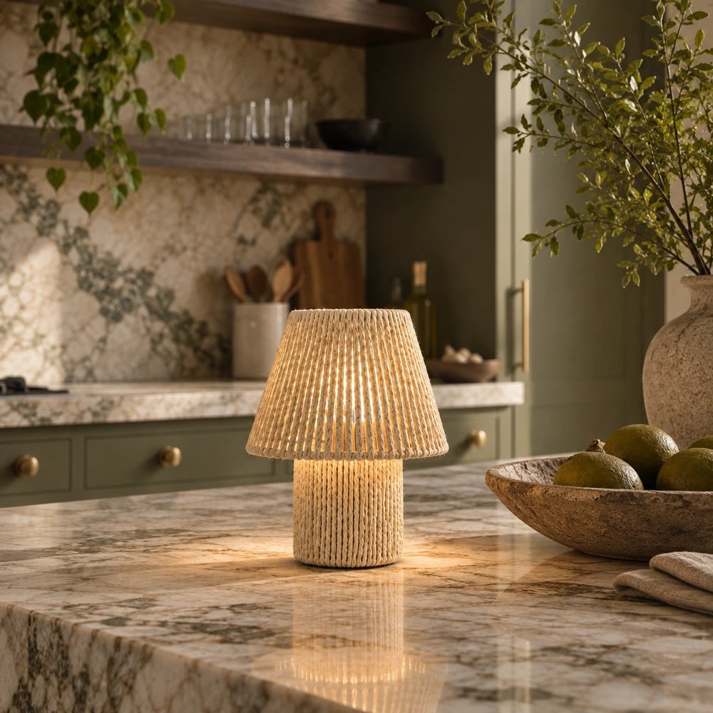 Malone Portable Table Lamp with textured woven string design, illuminated on a marble kitchen island surrounded by greenery, bowls and warm neutral kitchen styling.