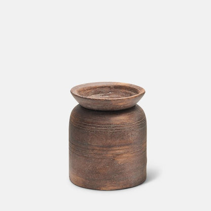 Round brown ceramic vase with engraved line details