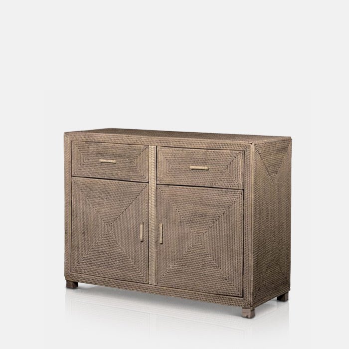 A cutout of the Merida Natural Rattan Cabinet, a woven rattan cabinet with two drawers and doors.