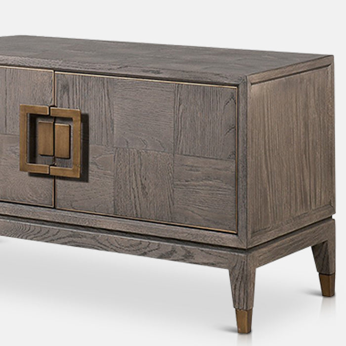 Small wooden sideboard with brushed gold hardware 