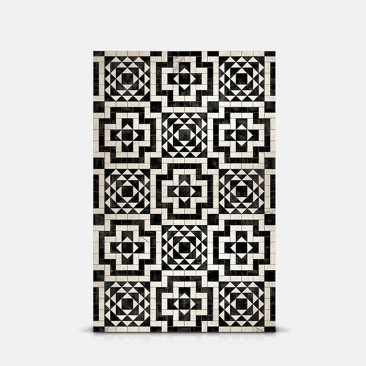 Black and white tiled patterned vinyl rug