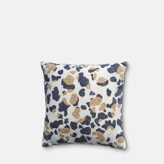 Square cushion with cream, brown and dark grey camo leopard print pattern.