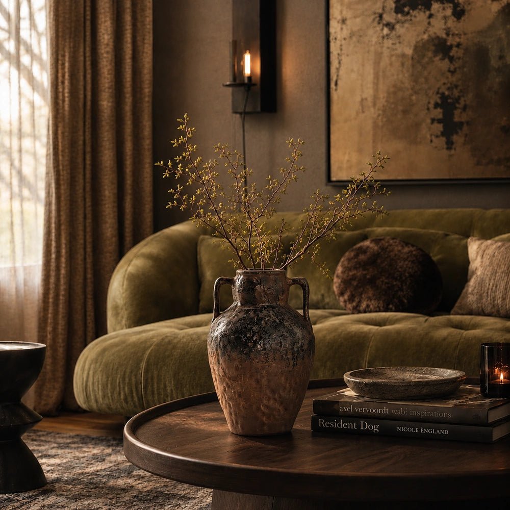 Moreton Stoneware Vase with a rounded textured cream body, styled on a dark coffee table with sculptural branches, books and softly layered neutral furnishings.